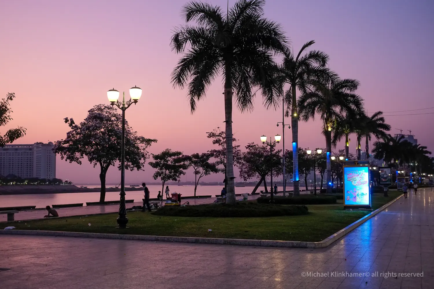 Palm trees on the Phnom Penh riverside at dusk with a purple sky